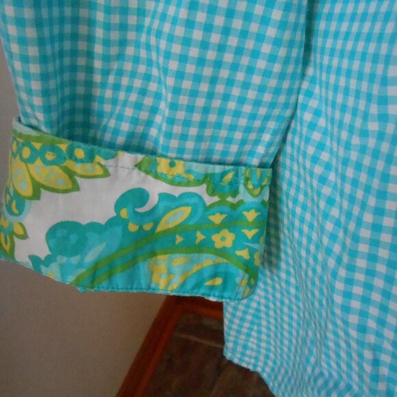 Adrienne Vittadini Teal & White Checked Collared Blouse Paisley Lining- Med-READ - Picture 6 of 6